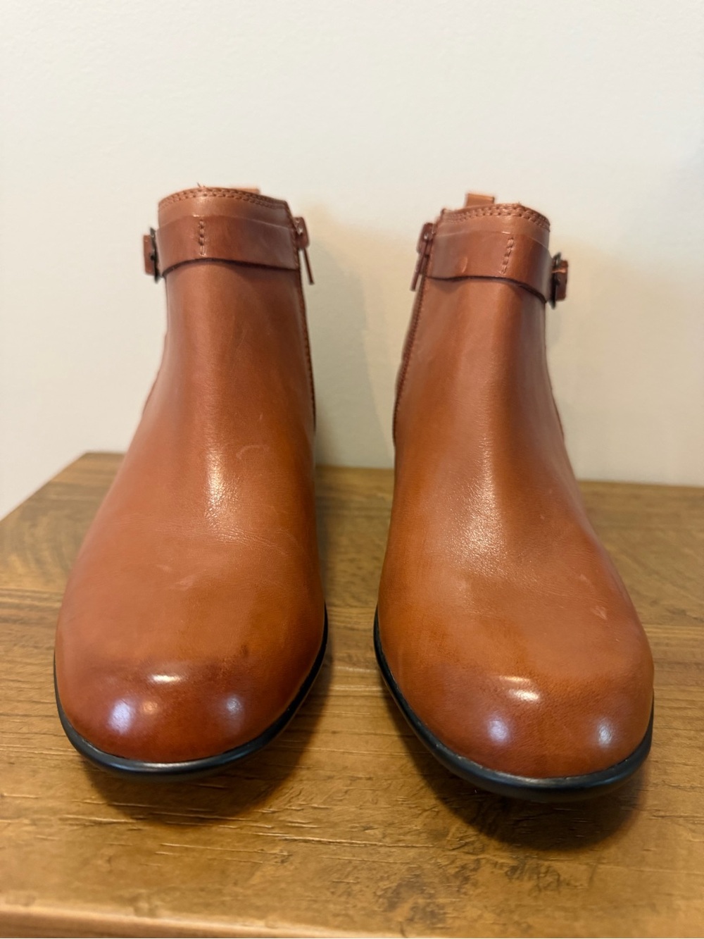 Clarks Women's Cognac Brown Leather Ankle Booties with Side Buckle